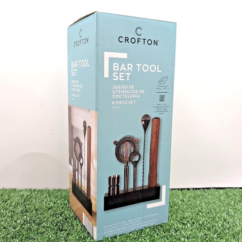 Crofton Bar Tool Set 6 Piece Set Black Stainless Steel Dishwasher Safe - New Box